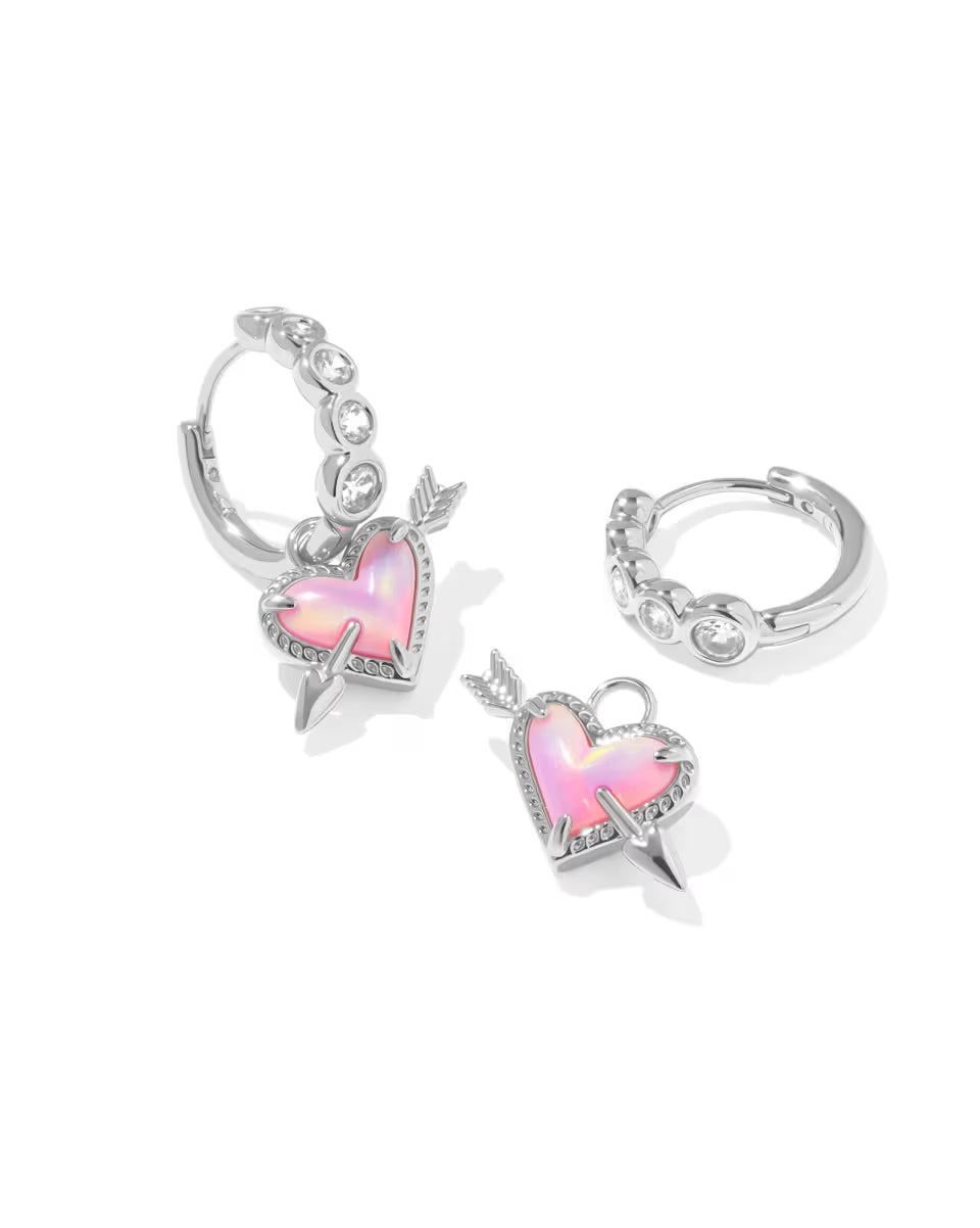 Kendra Scott Ari Heart Arrow Silver Convertible Huggie Earrings- Pink Opalescent