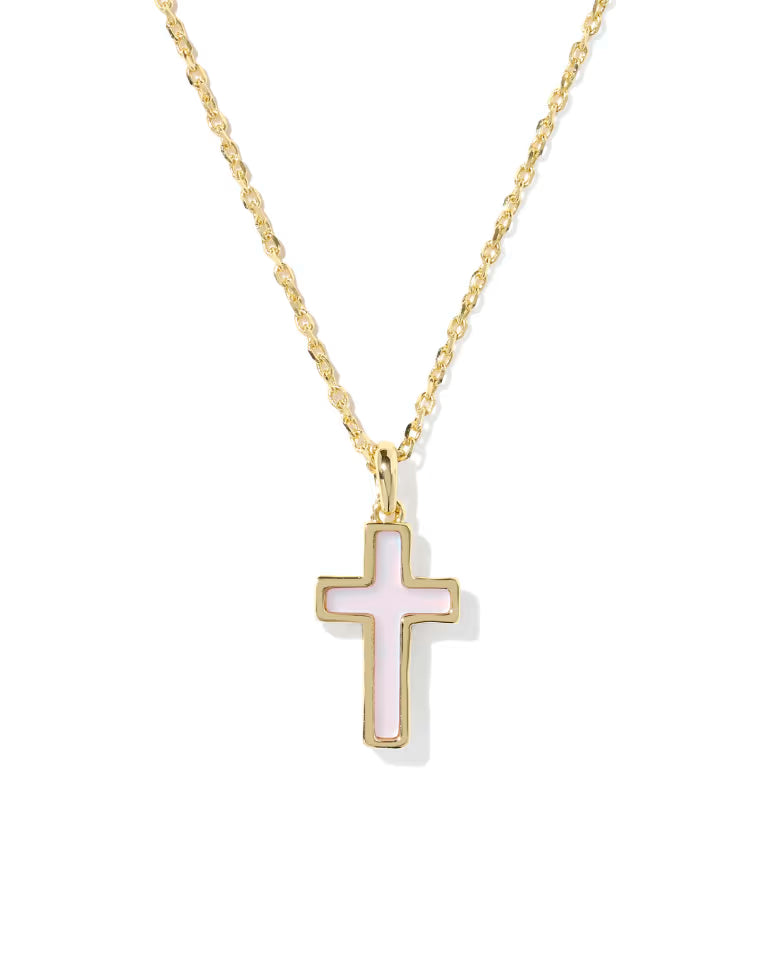 Kendra Scott Cross Gold Pendant Necklace | Matte Blush Pink Dichroic Glass