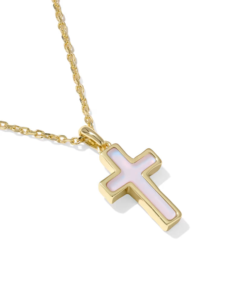 Kendra Scott Cross Gold Pendant Necklace | Matte Blush Pink Dichroic Glass