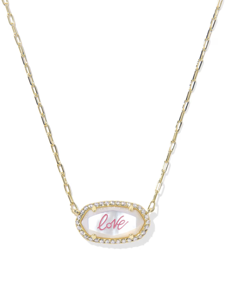 Kendra Scott Elisa Pave Frame Gold Short Pendant Necklace -Ivory Mother-of-Pearl Love Script