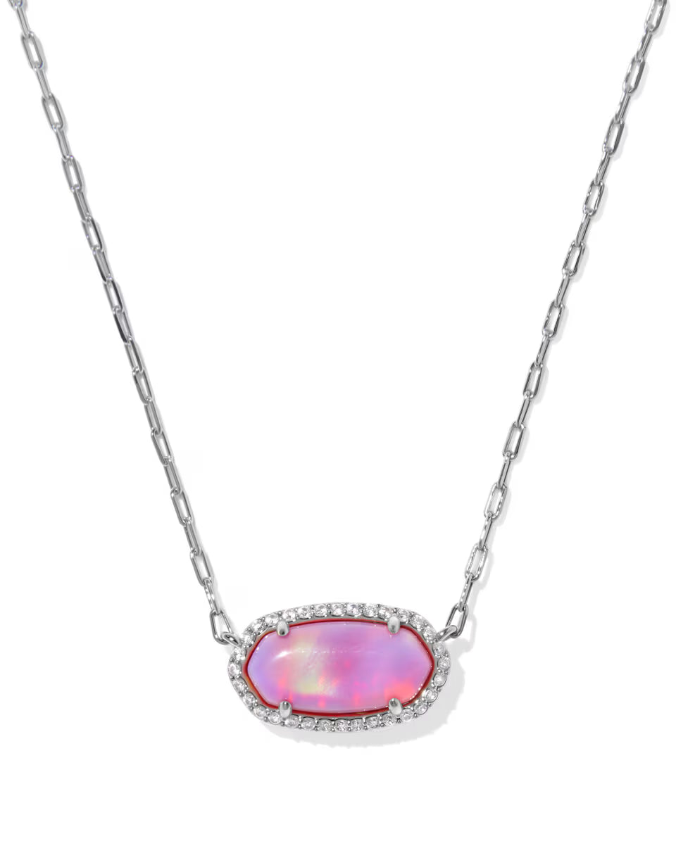 Kendra Scott Elisa Pave Frame Silver Short Pendant Necklace -Pink Opalescent