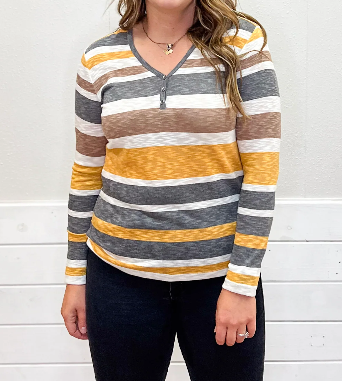 Tribal Marigold Yellow Striped Henley Top
