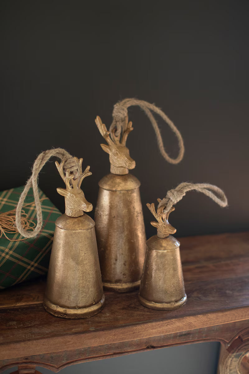 Antique Gold Christmas Bells with Deer Finials | Set of 3