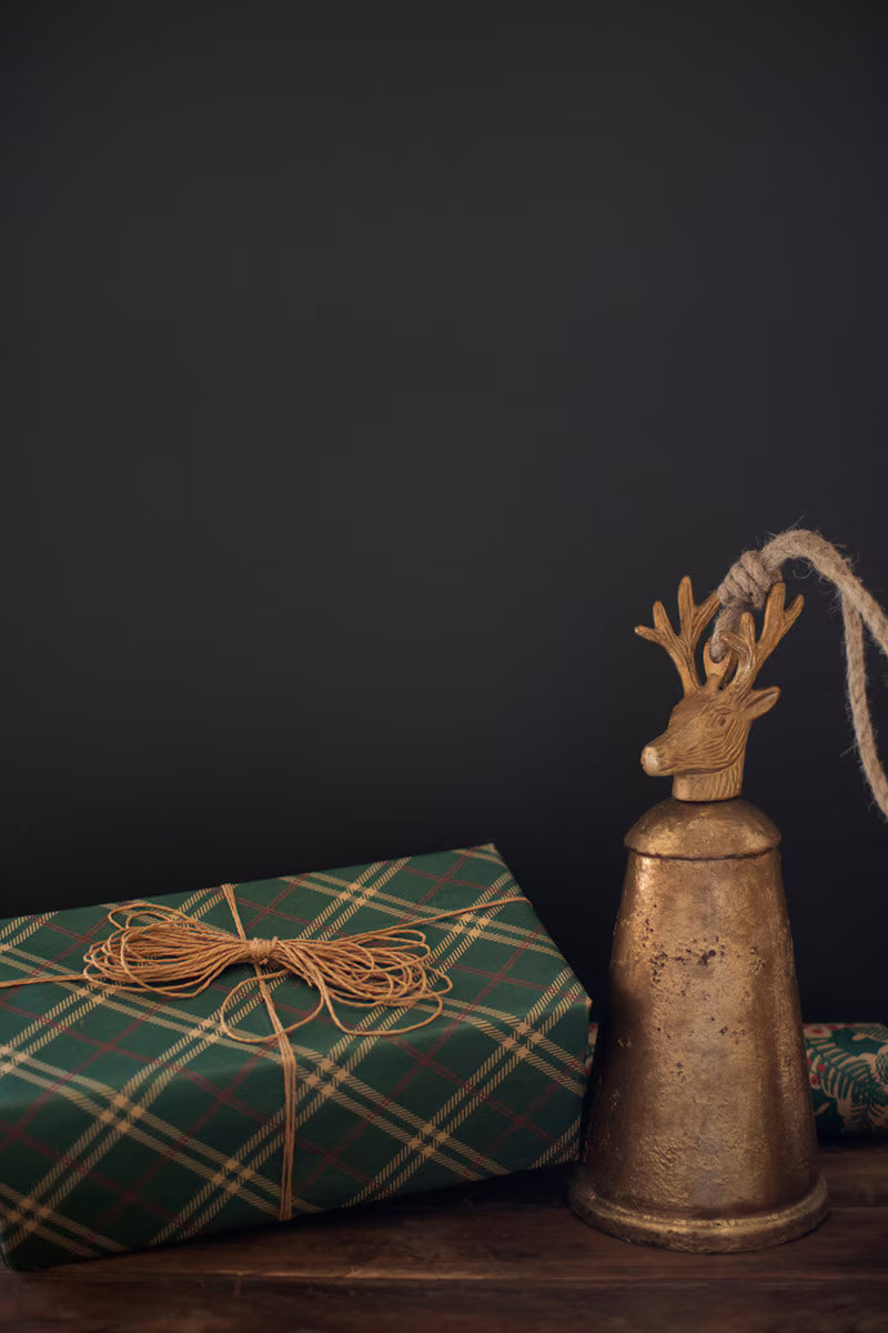 Antique Gold Christmas Bells with Deer Finials | Set of 3