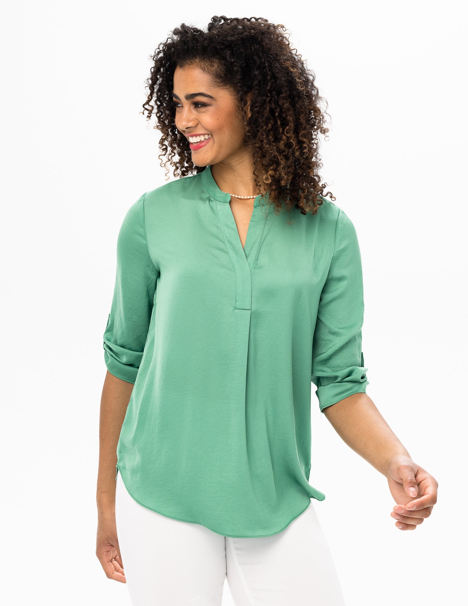 Renuar 3/4 Sleeve Green Blouse with Collared V-Neck