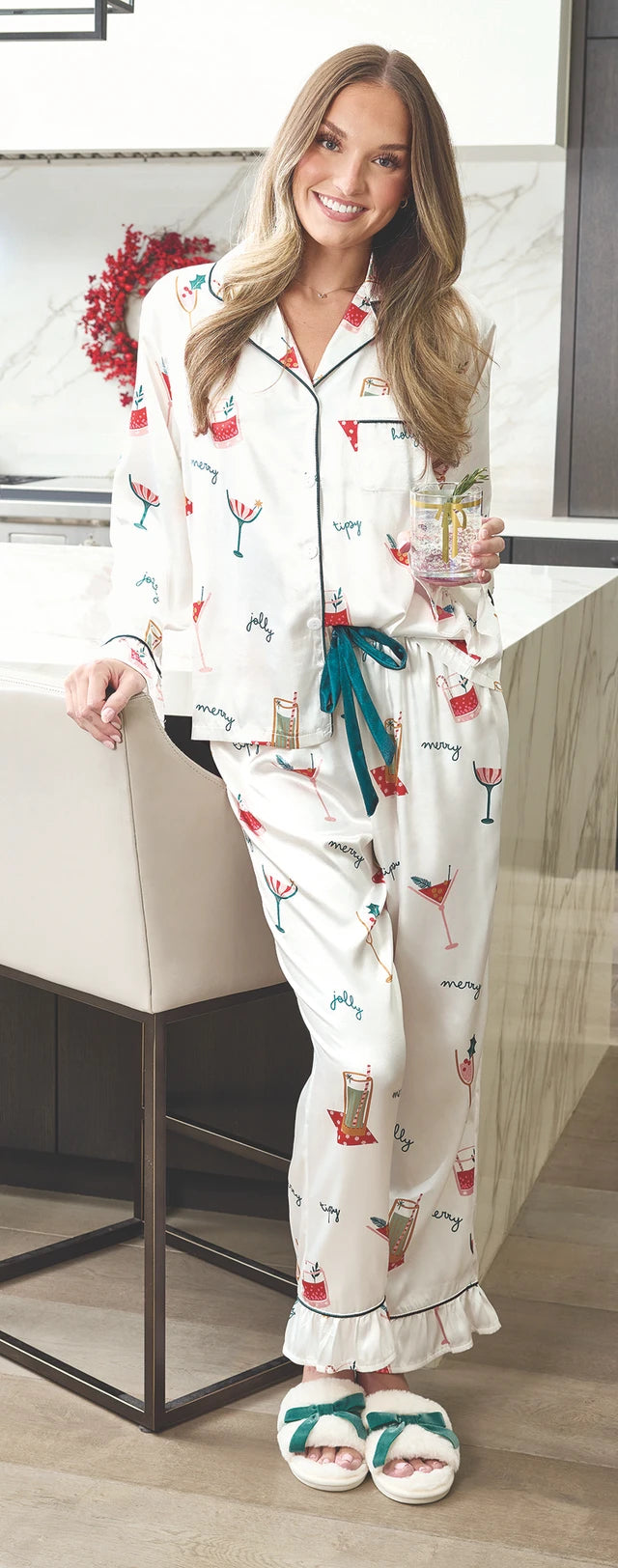 Full-Length Ruffle PJ Set with Velvet Tie | White + Holiday Drinks