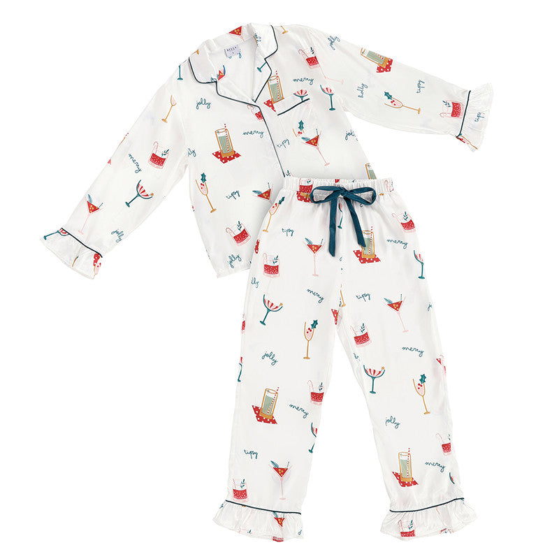 Full-Length Ruffle PJ Set with Velvet Tie | White + Holiday Drinks