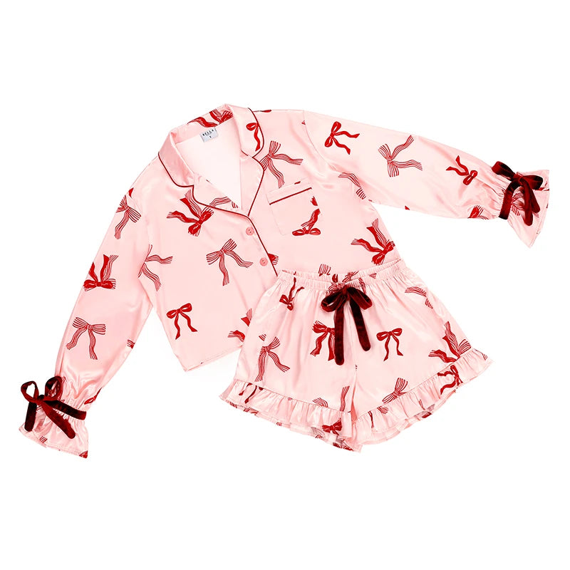 Cropped + Ruffled Short PJ Set with Velvet Ties | Blush + Striped Bows