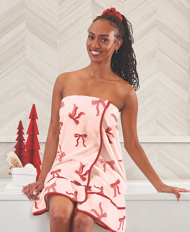 Plush Spa Wrap | Blush + Striped Bows