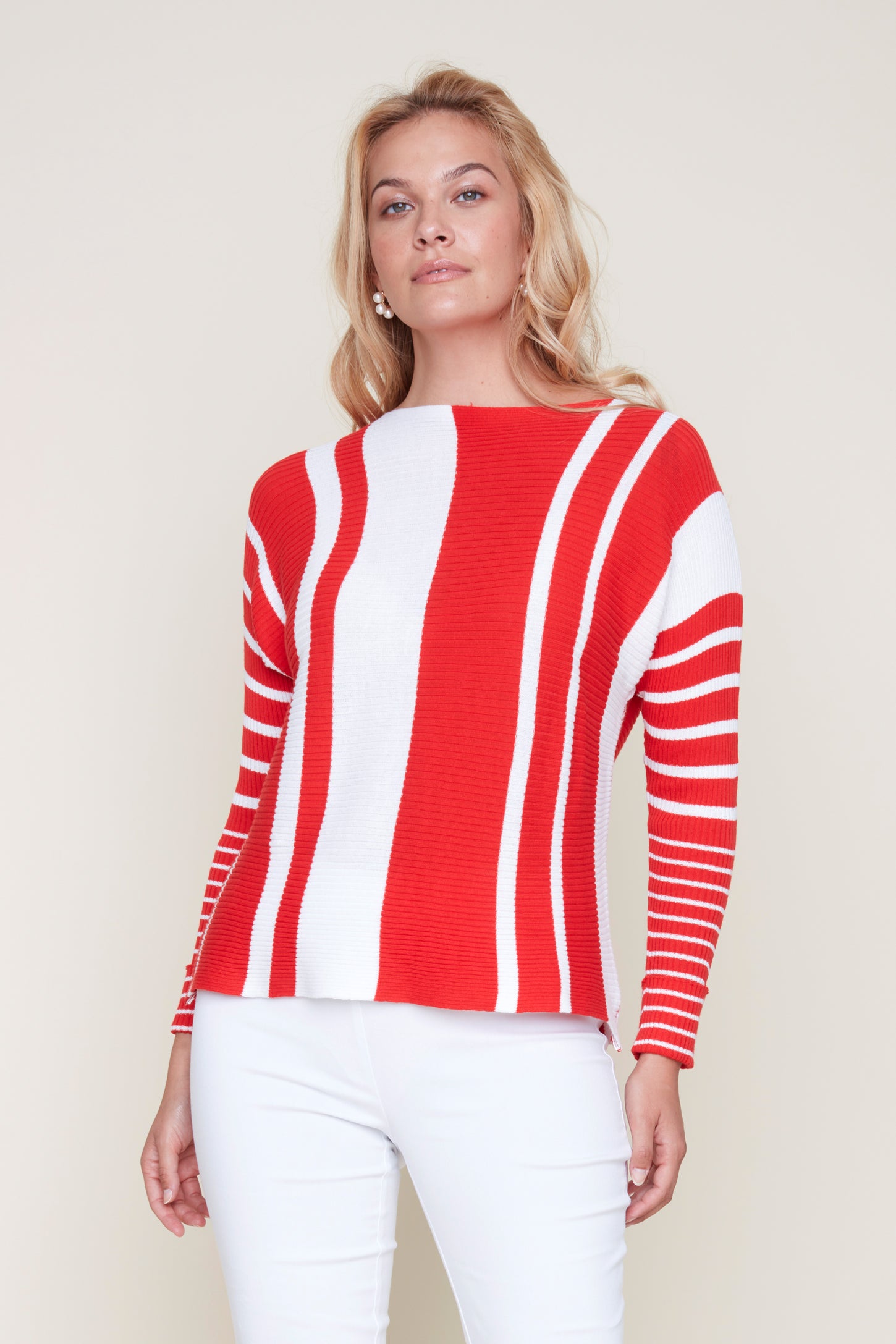 Renuar Long Sleeve Red and White Cotton Sweater