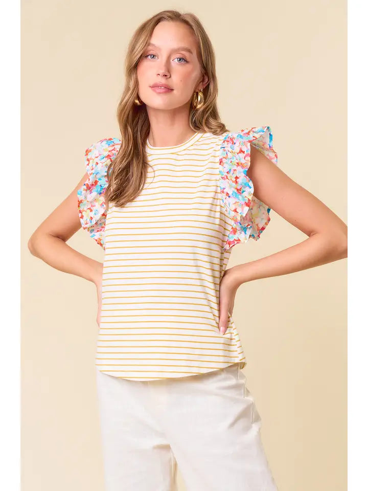 Ruffled Cap Sleeve Mixed Stripe & Floral Top