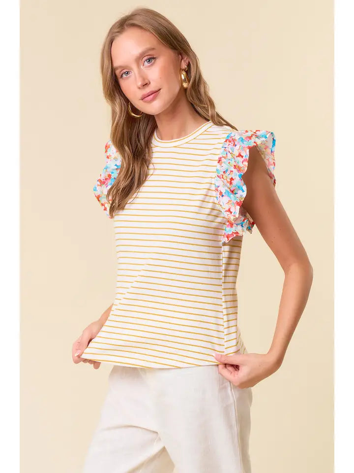 Ruffled Cap Sleeve Mixed Stripe & Floral Top