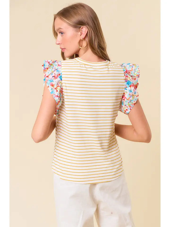 Ruffled Cap Sleeve Mixed Stripe & Floral Top