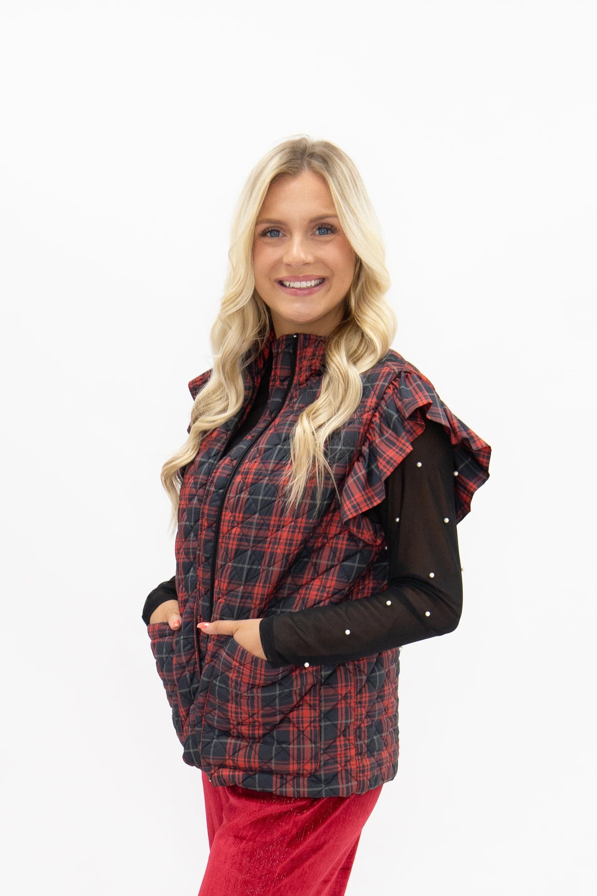 Red and Black Plaid Puffer Vest