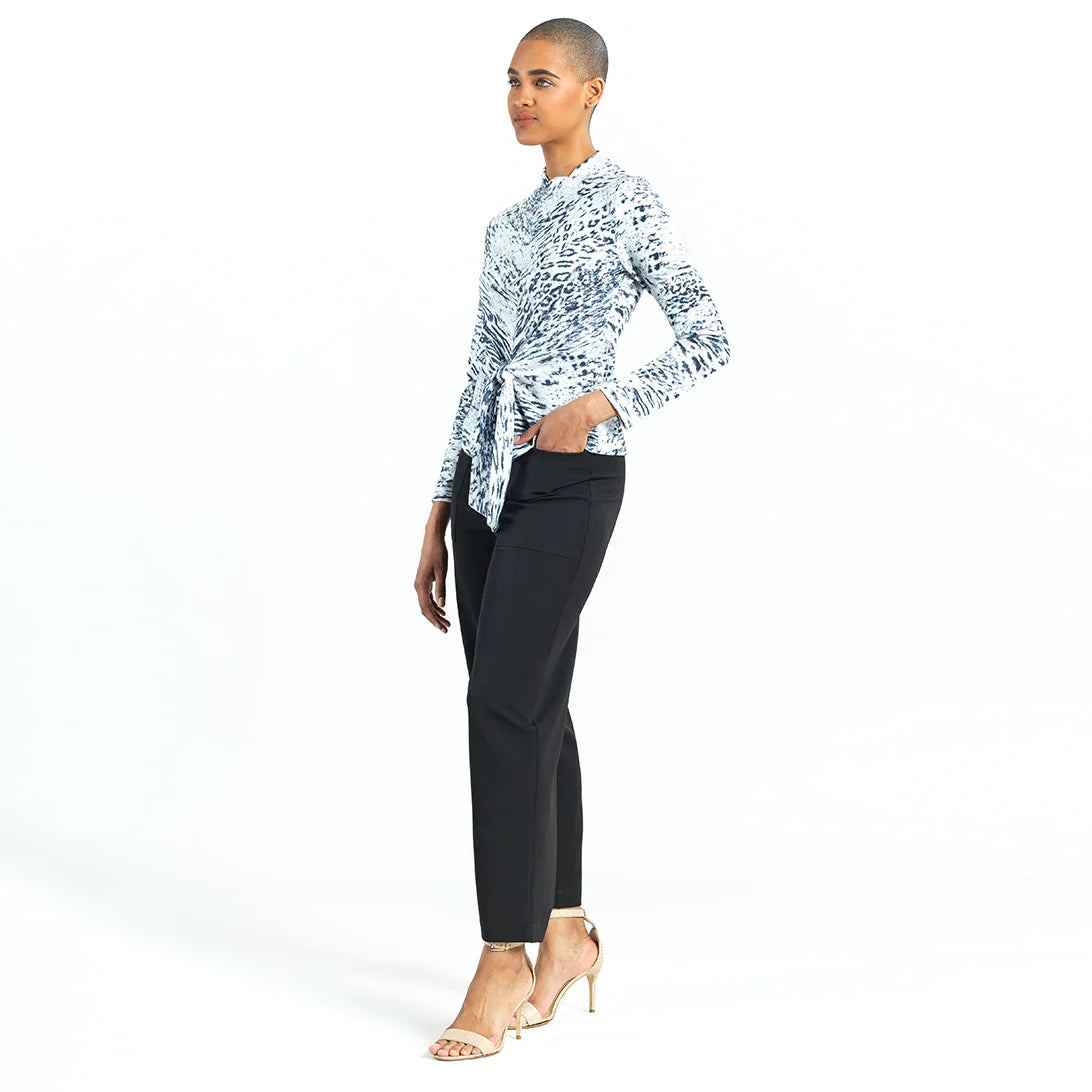 Clara Sunwoo Cozy Shimmer Texture - Center Front Tie Sweater Top - Snow Leopard
