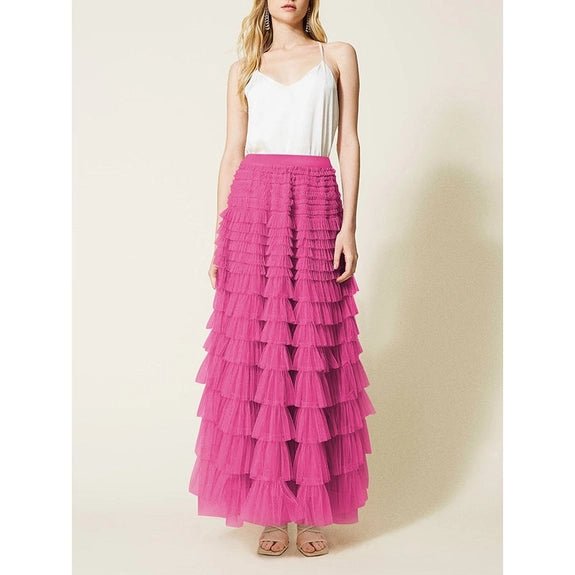 A-Line High Rise Tulle Maxi Flare Skirt - Fuchsia Pink