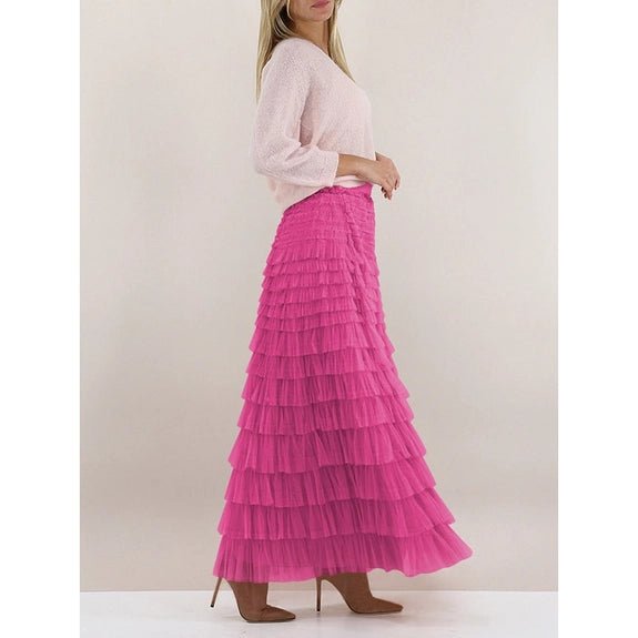 A-Line High Rise Tulle Maxi Flare Skirt - Fuchsia Pink