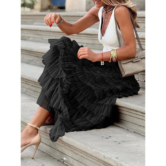 A-Line High Waisted Tulle Maxi Flare Skirt - Black
