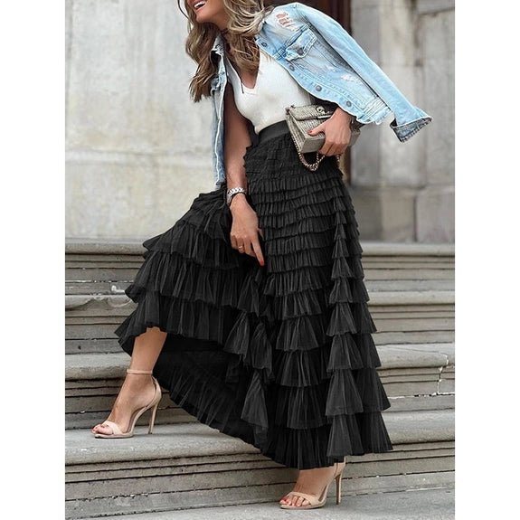 A-Line High Waisted Tulle Maxi Flare Skirt - Black