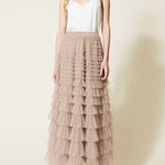 A - Line High Waisted Tulle Maxi Flare Skirt - Khaki - Juli's Wearable Art