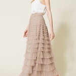 A - Line High Waisted Tulle Maxi Flare Skirt - Khaki - Juli's Wearable Art