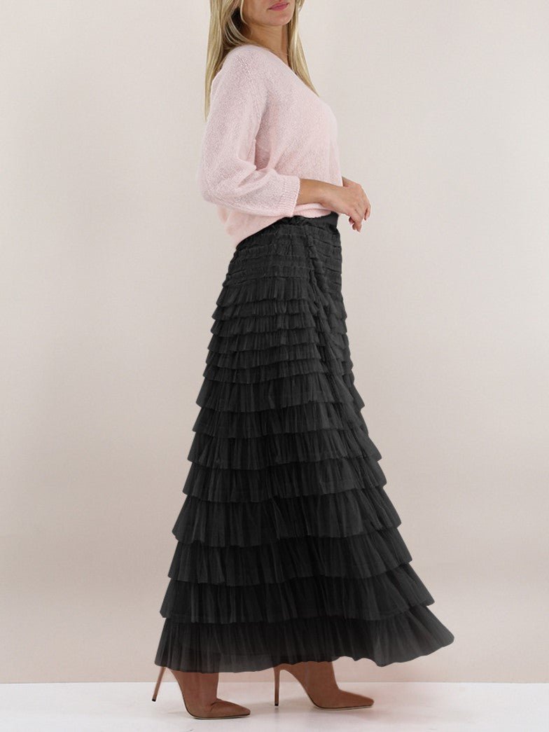 A - Line Tulle Maxi Flare Skirt ,Black - Juli's Wearable Art
