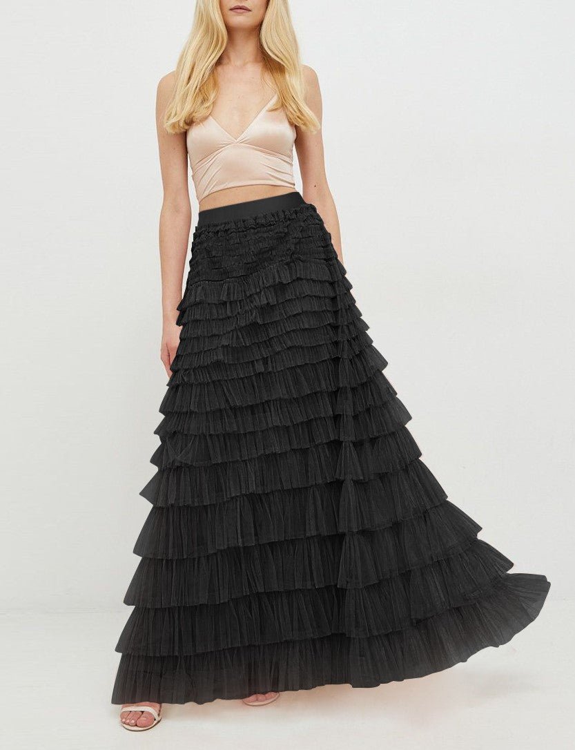 A - Line Tulle Maxi Flare Skirt ,Black - Juli's Wearable Art