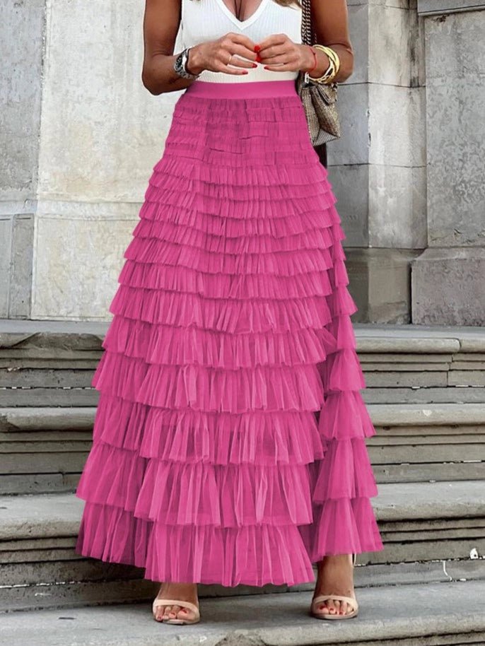 A - Line Tulle Maxi Flare Skirt ,Hot Pink - Juli's Wearable Art