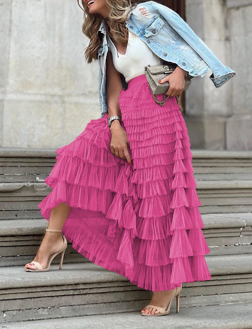 A - Line Tulle Maxi Flare Skirt ,Hot Pink - Juli's Wearable Art