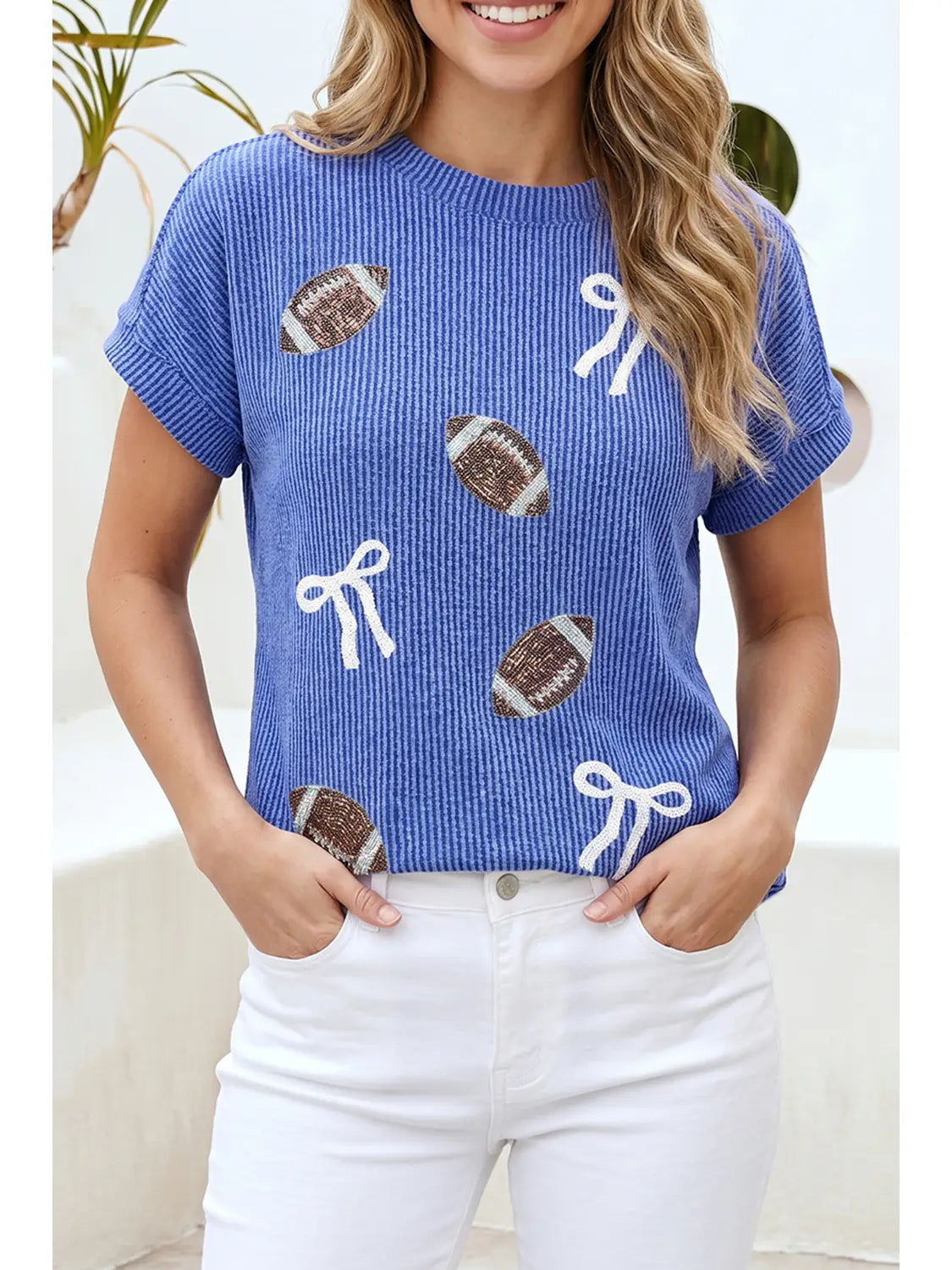 Game Day Football + Bow Textured Knit Top