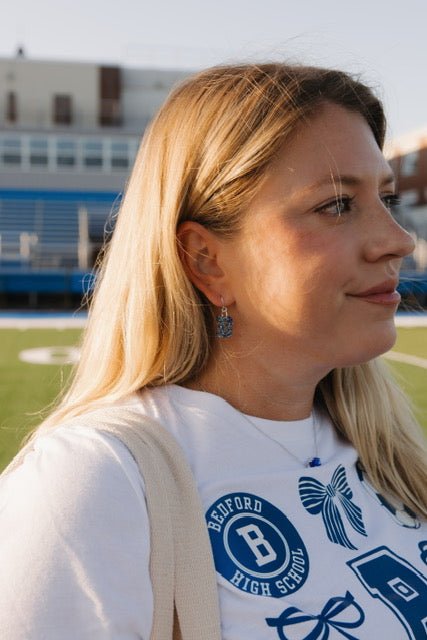 Acrylic Bedford Blue Glitter “B” Earrings
