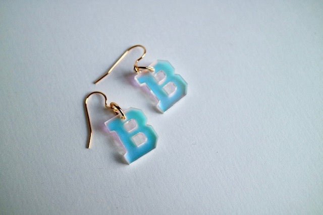 Acrylic Iridescent “B” Earrings – Bedford Spirit - Juli's Wearable Art