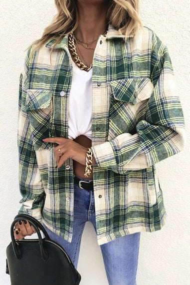 Green Plaid Button Up Pockets Shacket