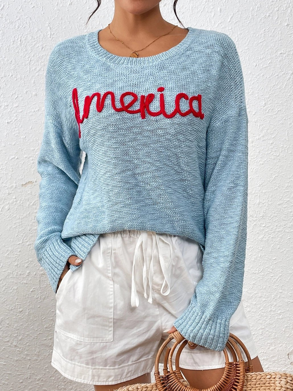 America Jacquard Fashion Crewneck Knitted Sweater | Blue - Juli's Wearable Art