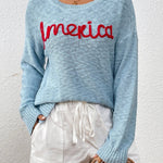 America Jacquard Fashion Crewneck Knitted Sweater | Blue - Juli's Wearable Art