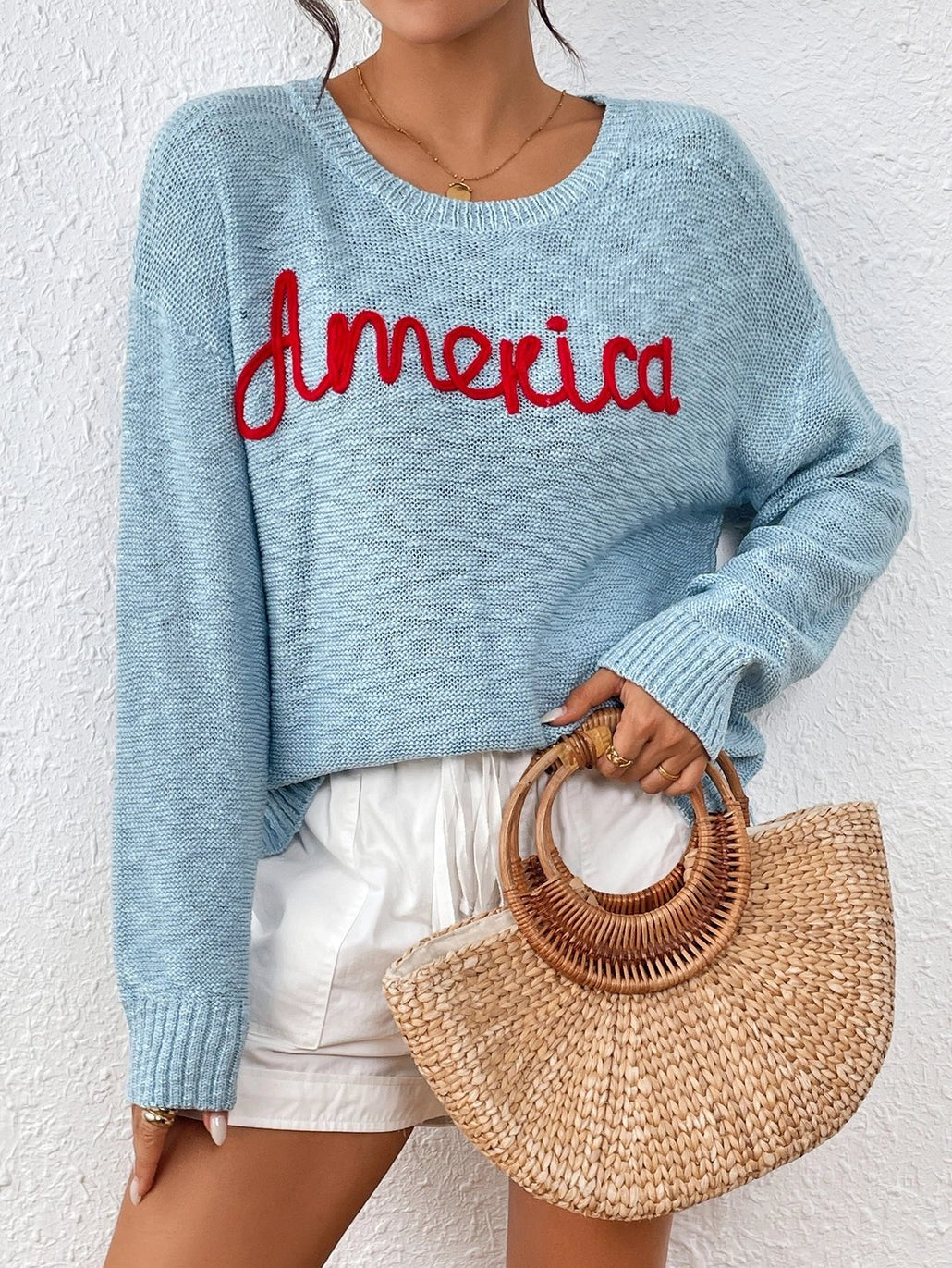 America Jacquard Fashion Crewneck Knitted Sweater | Blue - Juli's Wearable Art