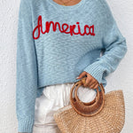 America Jacquard Fashion Crewneck Knitted Sweater | Blue - Juli's Wearable Art