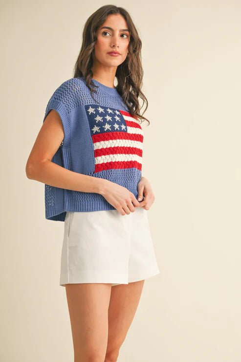 American Flag Open Stitch Sweater Top - Juli's Wearable Art