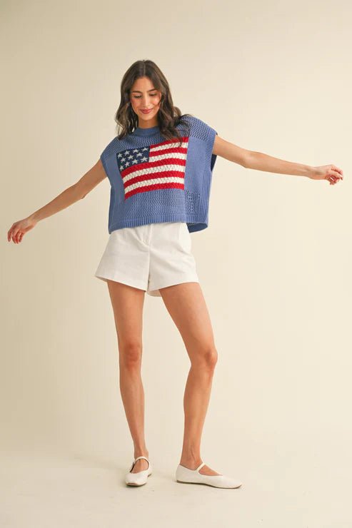 American Flag Open Stitch Sweater Top - Juli's Wearable Art