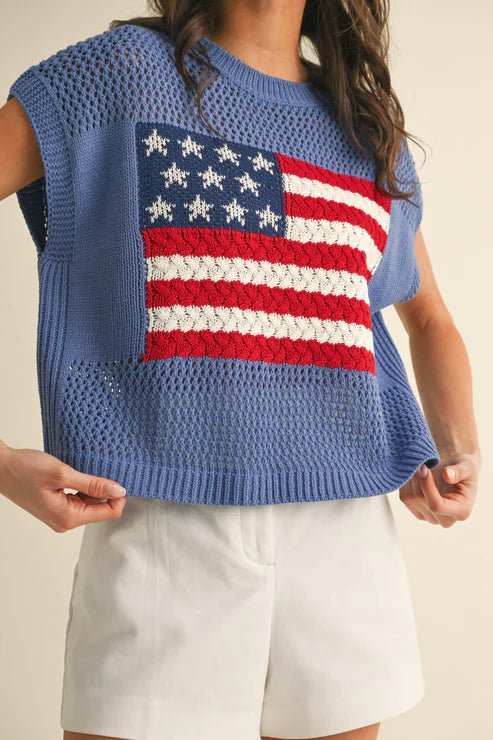 American Flag Open Stitch Sweater Top - Juli's Wearable Art
