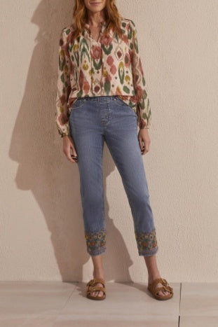 Tribal Audrey Pull-On Embroidered Hem Jeans