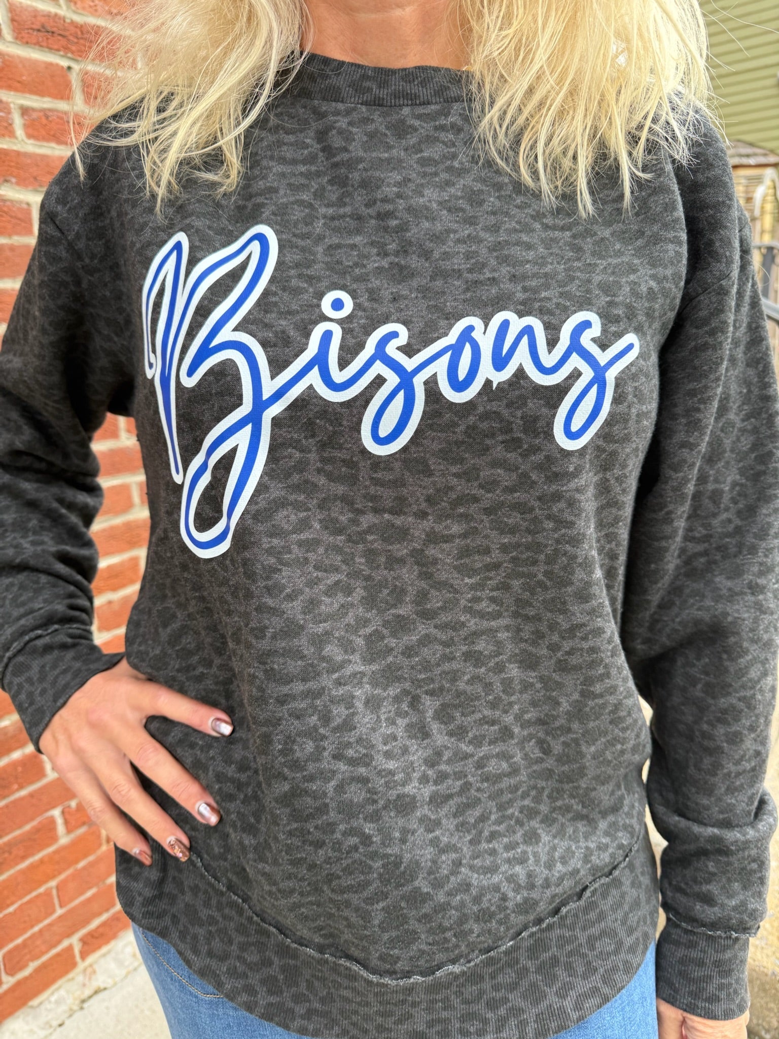 Bedford Bisons Black Leopard Print Sweatshirt - Juli's Wearable Art