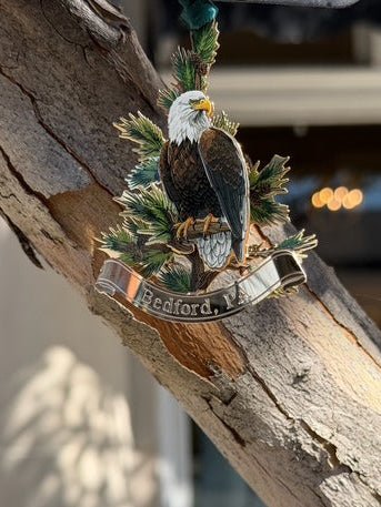Bedford, PA "Bald Eagle Perched" Ornament | Handcrafted Brass Christmas Ornament - Juli's Wearable Art