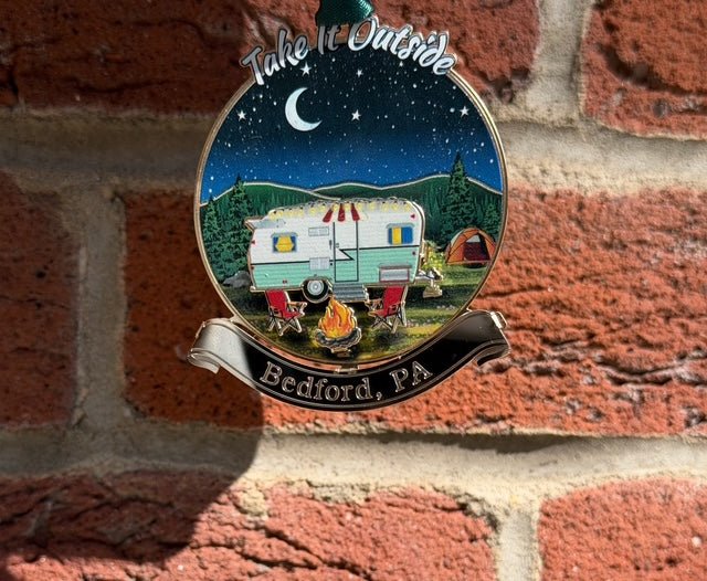 Bedford, PA Take It Outside + Get Toasted Camping | Handcrafted Brass Christmas Ornament - Juli's Wearable Art