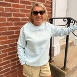 Bedford Unisex Crewneck Sweatshirt – Coastal Blue with Chenille Letters - Juli's Wearable Art