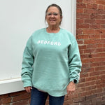 Bedford Unisex Crewneck Sweatshirt – Cool Teal with Chenille Letters - Juli's Wearable Art