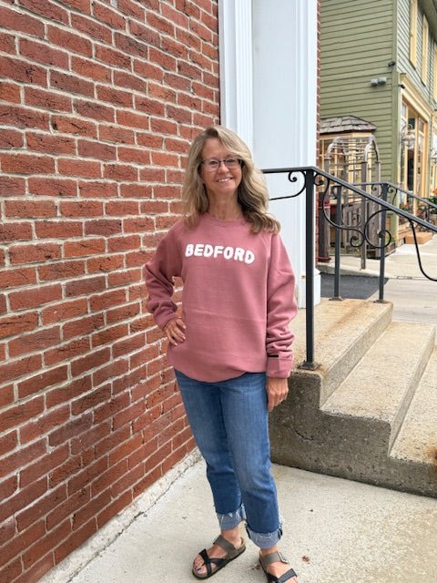Bedford Unisex Crewneck Sweatshirt – Dusty Rose with Chenille Letters - Juli's Wearable Art