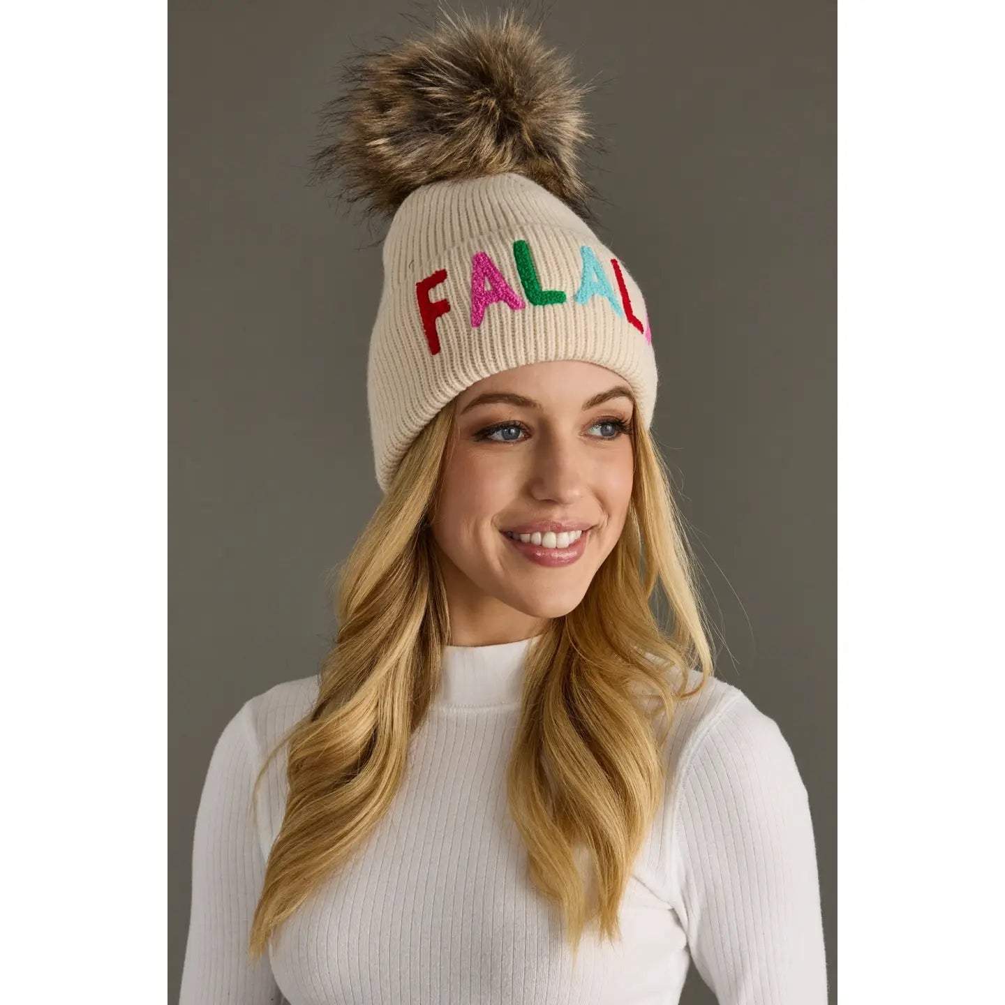Beige "Fa La La" Knit Pom Hat - Juli's Wearable Art