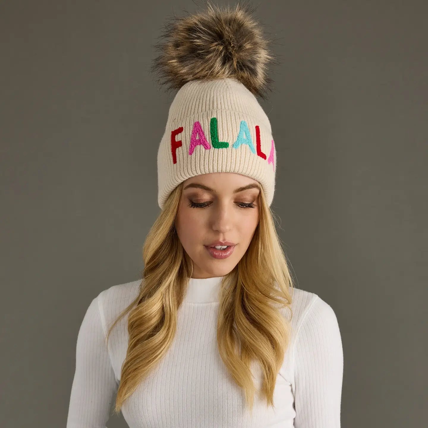 Beige "Fa La La" Knit Pom Hat - Juli's Wearable Art
