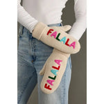 Beige Knit Mittens – “FA LA LA” Design - Juli's Wearable Art